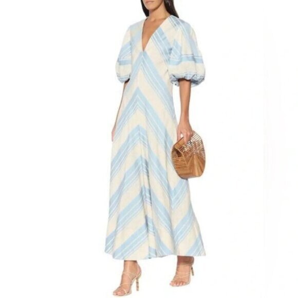 Lee Mathews Tilda Chevron Linen Blend Maxi Dress in Celadon Blue 4 - Picture 1 of 5